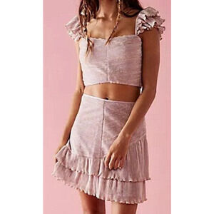 NEW SAYLOR FREE PEOPLE PINK METALLIC ELINOR CROP TOP SKIRT RUFFLE SET SIZE LARGE